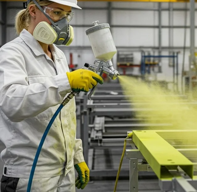 Técnico realizando pintura eletrostática